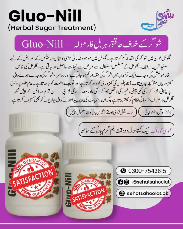 Gluo-Nill herbal sugar control supplement poster in Urdu with satisfaction guarantee