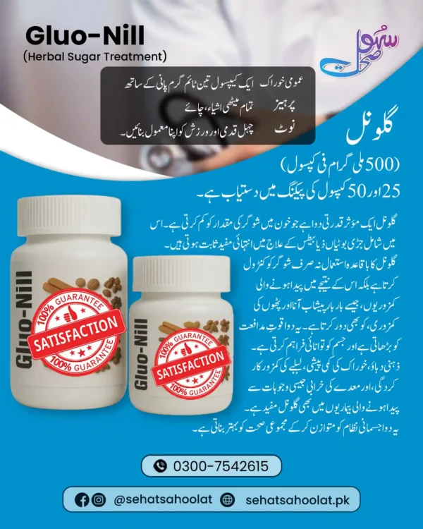 Gluo-Nill sugar control herbal medicine poster in Urdu with satisfaction badge and blue background